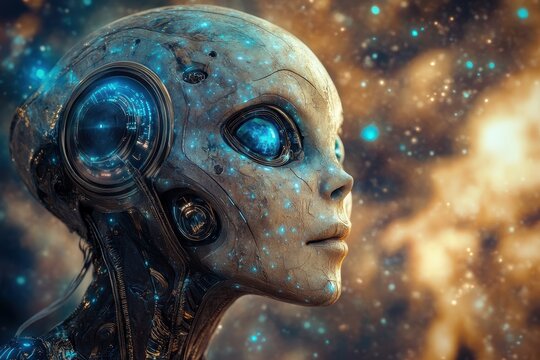 A Cyborg Alien's Profile Against a Starry Background