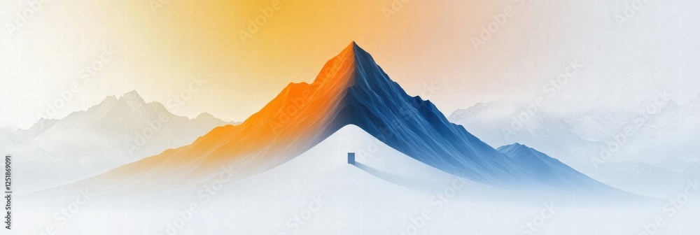 Poster mountain peak illuminated by sunrise with soft clouds and a distant structure visible on the horizon