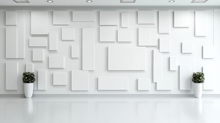 Modern office, white wall art, plants, empty floor, design mockup