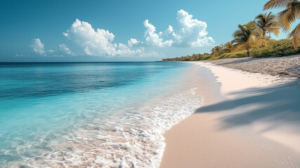An idyllic tropical beach with turquoise water and white sand.