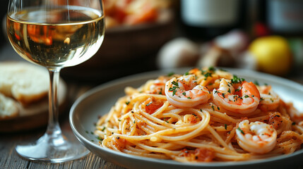  Exquisite pasta with prawns and white wine.
