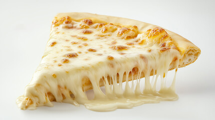 A slice of pizza with stretch cheese on a white background.
