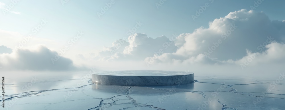 Aufkleber round podium stands icy field under cloudy sky. design for product advertising backdrop present stag