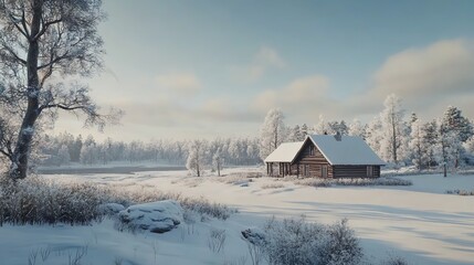 Winter landscape scene remote cabin nature photography snowy environment tranquil viewpoint seasonal serenity