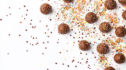Chocolate truffles with colourful sprinkles on a white background.
