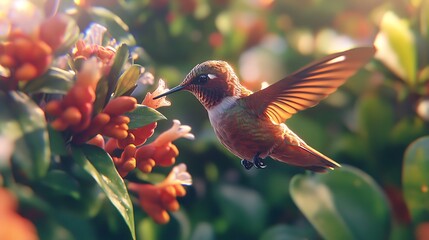 Obraz premium A swift flying hummingbird against blurred green background