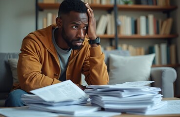 Obraz premium Worried black man with pile of bills tax papers looks confused, stressed. In debt, behind on taxes. Financial crisis, economic problem. Man calculates expenses, payments, account, family budget.