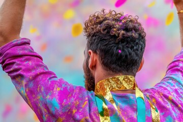 Fototapeta premium Young male celebrating holi festival with colorful powder and vibrant atmosphere