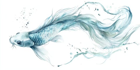 Delicate watercolor coquette koi fish, soft aqua hues blending seamlessly, white background, flowing fins, rippling scales, fluid movement