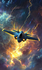 Fototapeta premium modern advanced F-35 fighter jet on patrol mission flying over storm clouds and thunder