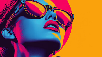 Pop art portrait of a young woman wearing sunglasses.