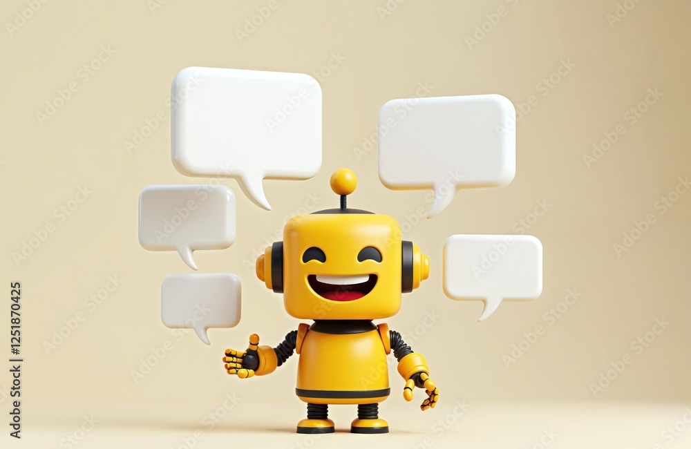 Leinwandbilder 3d rendering of smiling yellow robot with blank text bubbles. cartoon character represents online co