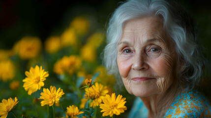 Radiant Smile: Portrait of an elderly woman in a garden with yellow flowers.