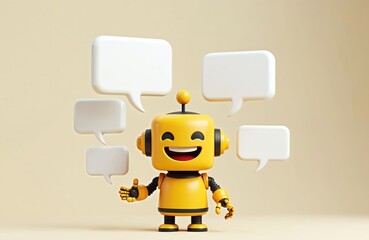 3d rendering of smiling yellow robot with blank text bubbles. Cartoon character represents online communication, digital support. AI bot generates ideas, answers questions, increases business