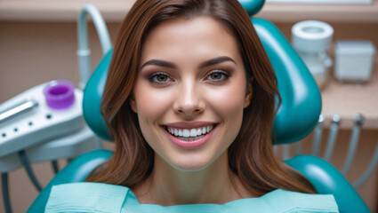 Brünette hübsche Frau lächelt im Zahnarztstuhl