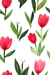 Obraz premium Watercolor seamless pattern of cute minimalistic tulips. Red and green colors isolated on white backdrop