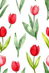 Obraz premium Watercolor seamless pattern of cute minimalistic tulips. Red and green colors isolated on white backdrop