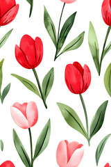 Obraz premium Watercolor seamless pattern of cute minimalistic tulips. Red and green colors isolated on white backdrop