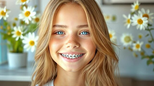 Young caucasian teen girl with braces smiling in bright floral room. The concept of dentistry, dental treatment. Orthodontics, prosthetics