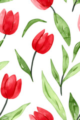 Obraz premium Watercolor seamless pattern of cute minimalistic tulips. Red and green colors isolated on white backdrop