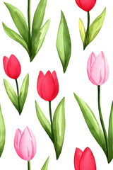 Watercolor seamless pattern of cute minimalistic tulips. Red and green colors isolated on white backdrop