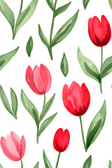 Obraz premium Watercolor seamless pattern of cute minimalistic tulips. Red and green colors isolated on white backdrop