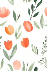 Watercolor seamless pattern of cute minimalistic tulips. Red and green colors isolated on white backdrop