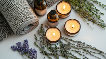 A spa combo with aroma oils, candles and lavender.