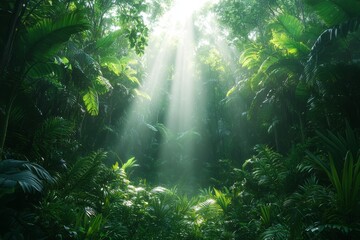 Enchanting Jungle Bathed in Sunlight, Lush Greenery Captured in Nature's Glow, Peaceful Oasis of Wildlife and Foliage
