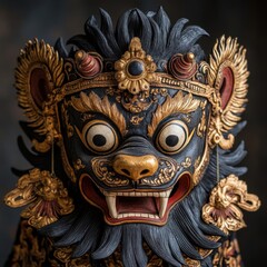 Fototapeta premium Intricate Wooden Lion Sculpture with Vibrant Colors and Details