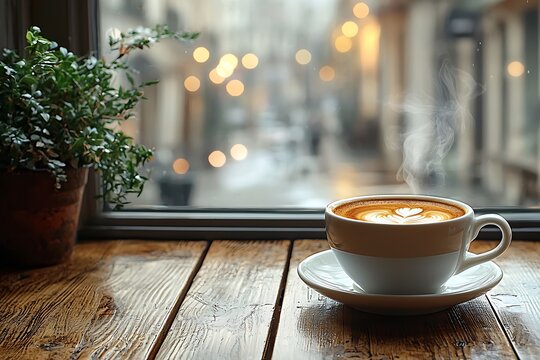 Wooden tabletop with a steaming cup coffee in focus, set against a blurred cafe window scene