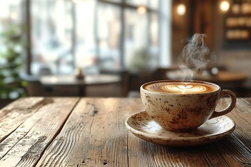 Wooden tabletop with a steaming cup coffee in focus, set against a blurred cafe window scene