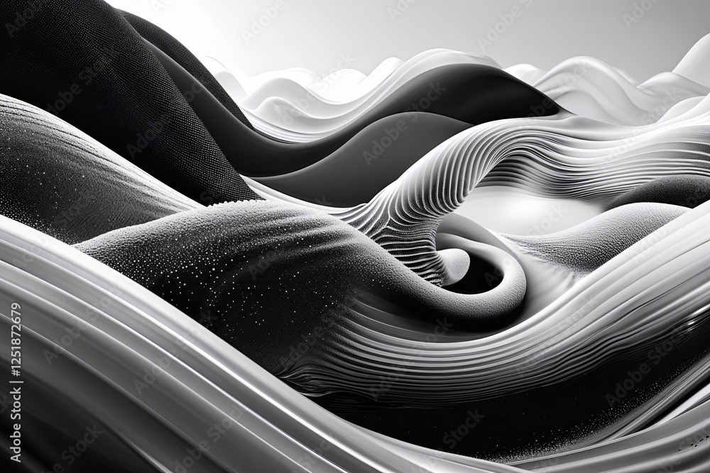 Poster layered noise structure in monochrome black-and-white abstract design with liquid spiral and plush w