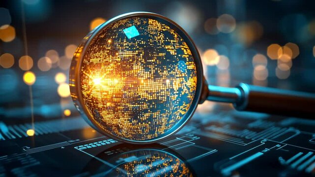 A magnifying glass focusing on a digital world map with glowing circuits