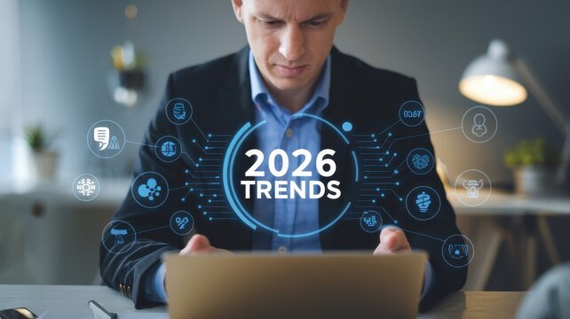 2026 Trends: A Businessman Analyzing Future Market Tendencies on a Laptop