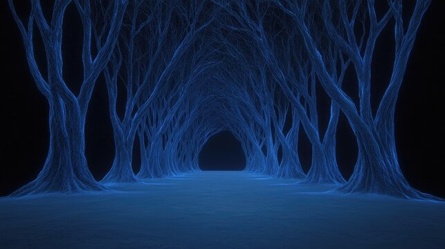 Blue glowing trees tunnel, mystical forest, dark background, 3D rendering, abstract art, fantasy scene, mysterious path,  ideal for wallpaper, poster or gaming backdrop