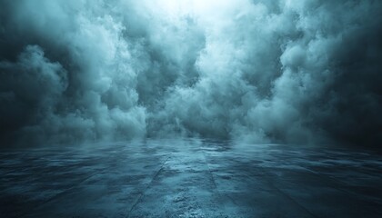 Abstract dark background with swirling fog and a textured concrete floor illuminated by soft ambient light