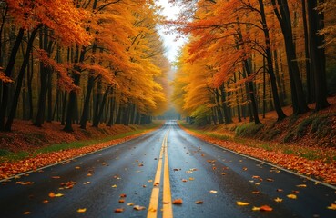 Wet asphalt road with vibrant yellow double lines and fallen colorful leaves passes through autumn forest landscape. Tall trees with orange foliage line the road, creating scenic picturesque view.