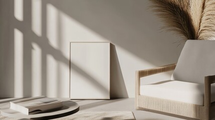 modern living room with blank frame, soft shadows, and decorative plant.