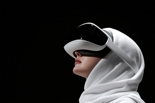 Young caucasian female in hijab experiencing virtual reality with modern vr headset