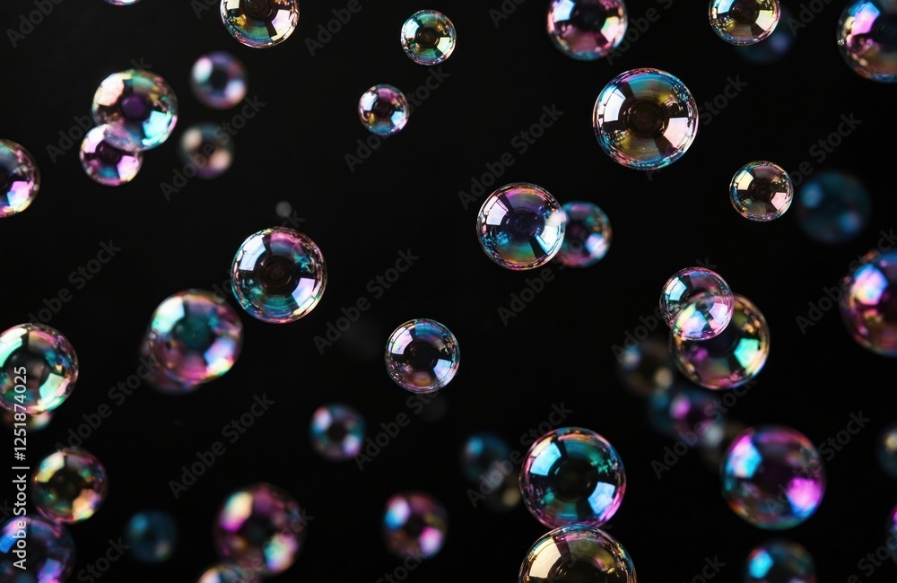 Poster Floating soap bubbles shine with rainbow color against black. Round shapes create abstract design. Liquid sphere reflects light with iridescent shades. Magic wallpaper for party mood background.