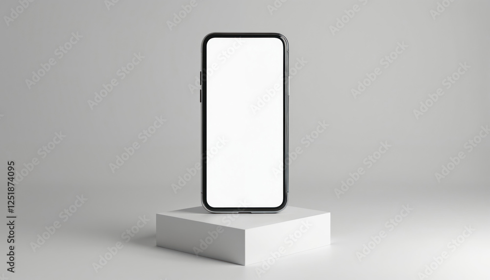 Fototapete Mockup floating mobile phone features blank white screen standing on podium. Modern smartphone template for app presentation, web design and product display on clean background.