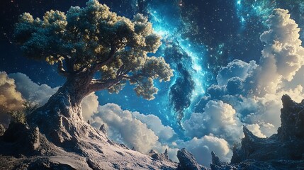 Celestial tree under starry sky dreamlike landscape digital art ethereal environment wide-angle view cosmic serenity