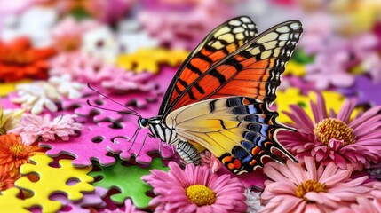 Obraz premium Vibrant butterfly resting on colorful puzzle pieces and flowers