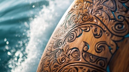 Intricate wooden surfboard design with ocean waves splashing