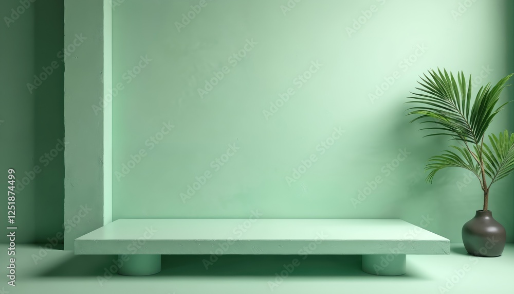 Poster interior shows green studio. room has wall and shelf. plant in vase sits. modern minimal presentatio