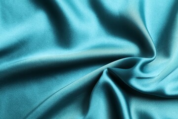 Silk satin dark turquoise color. Shiny smooth fabric. Soft folds. Luxury background with space for design. Flat table, top view