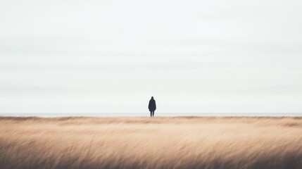 A solitary figure stands in a vast field of golden grass under a cloudy sky, evoking solitude
