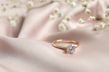 Beautiful shiny gold engagement ring with large diamond gemstone on silk fabric background