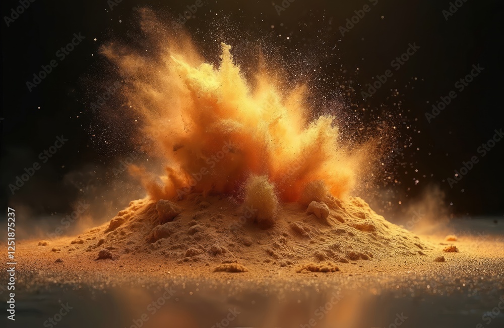 Poster golden glittering sand dust cloud, spray explosion. sparkle blast with shiny glistering particles. d